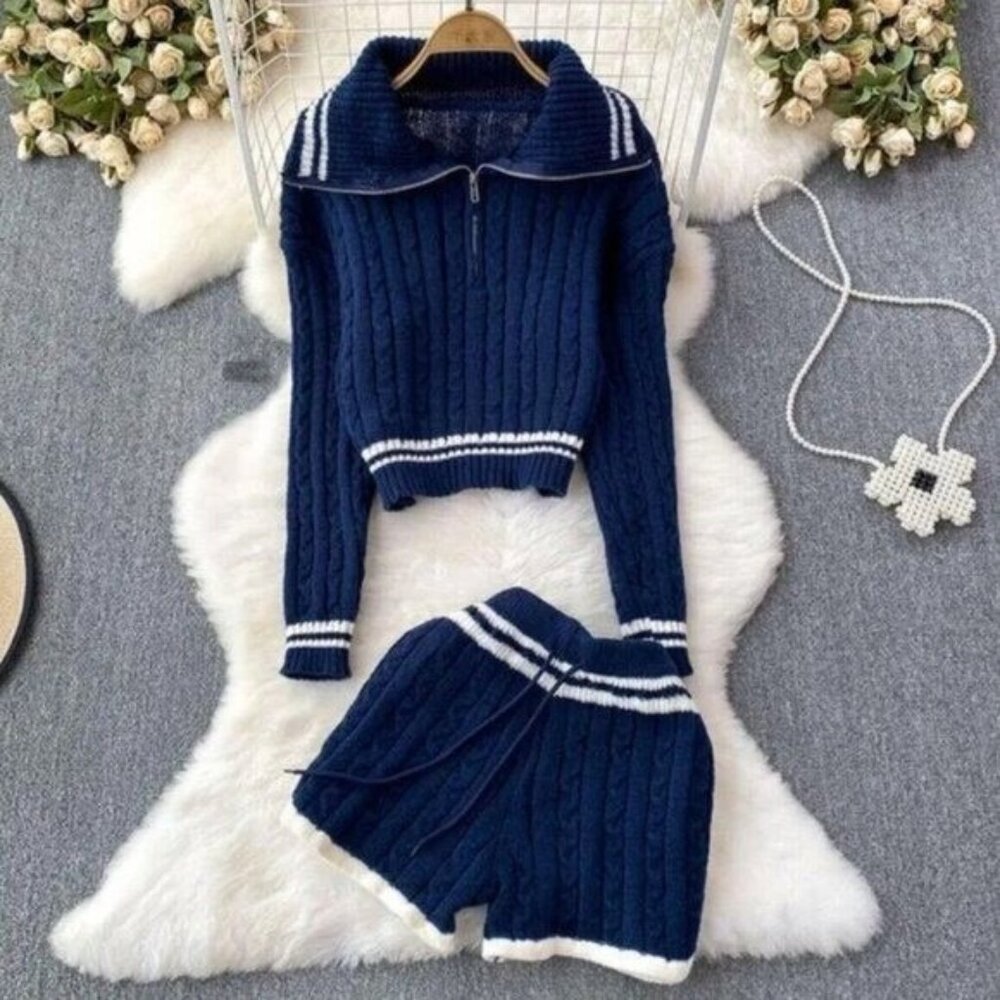 Women Outfit Two Piece Set Crop Sweater-Shorts Knit Blue Size M Sailor Neck - Picture 7 of 16